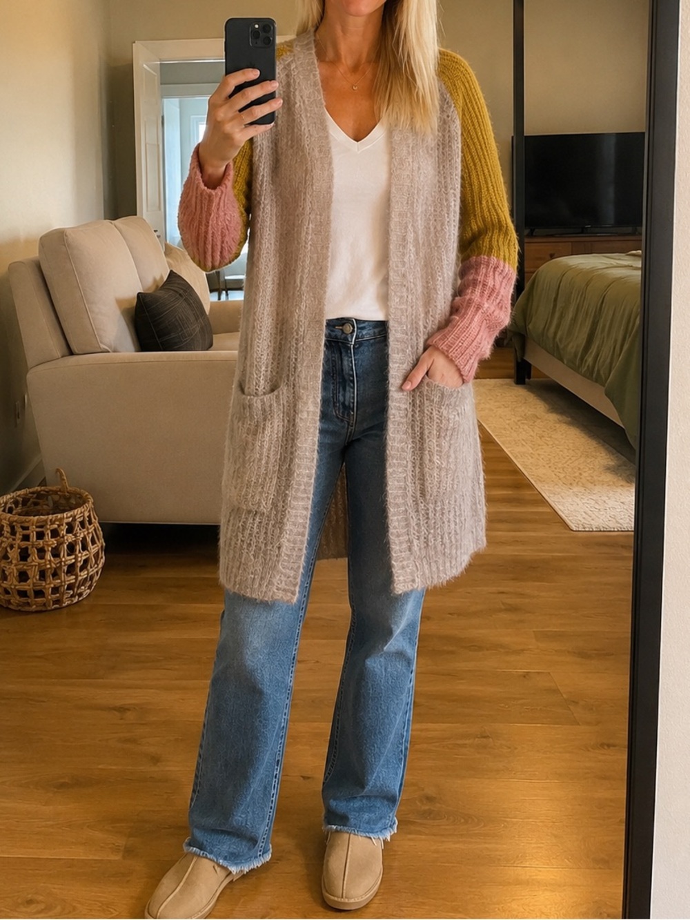 Pepin Colorblock Open-Front Cardigan in Taupe, Mustard & Pink